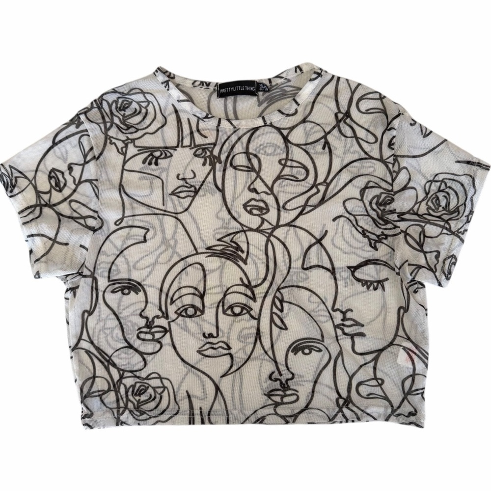 PrettyLittleThing Black‎ and White Artistic Mesh Top size 6